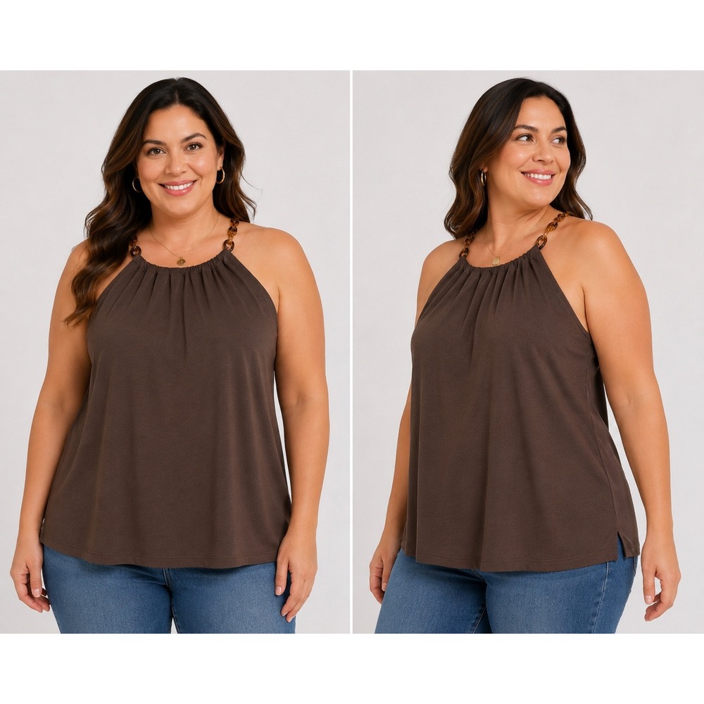 Michael Kors Brown Halter Top XL Tortoise Chain Neck Gathered Keyhole Blouse